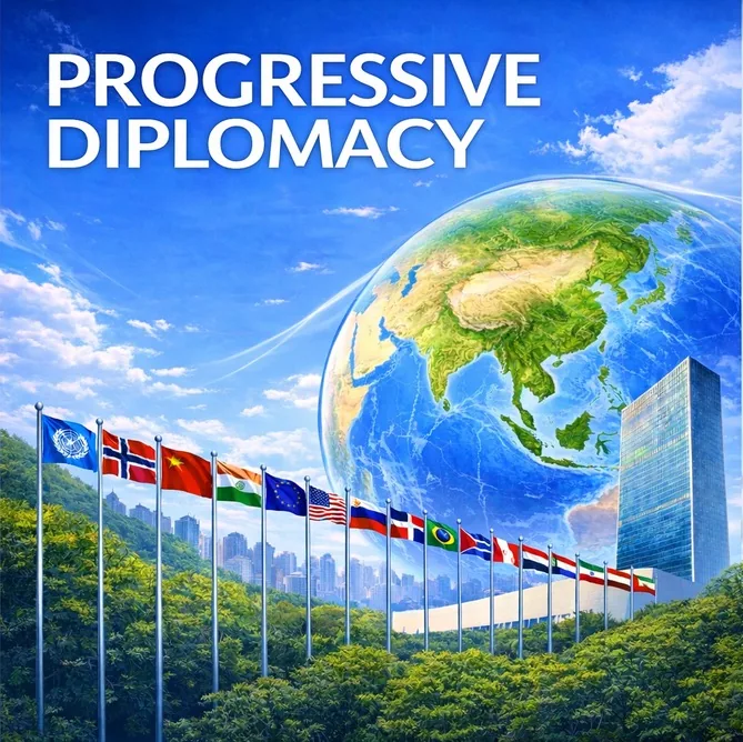Progressive Diplomacy — flaggrekke foran FN-bygningen