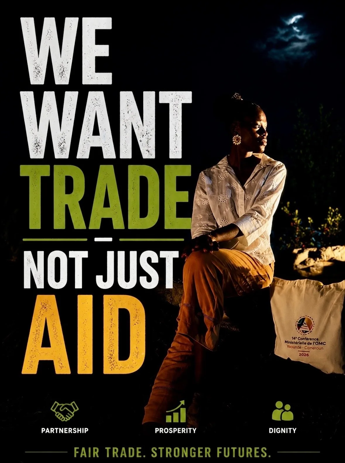 Trade — Not Just Aid — kampanjeplakat, WTO MC14 Yaoundé 2026